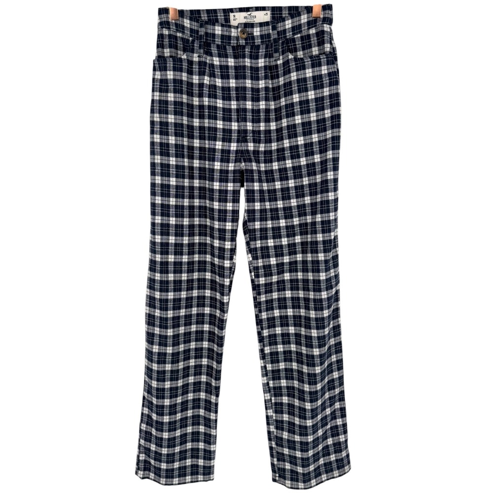 Hollister Ultra High Rise Dad Pants Navy Blue White Plaid Size 1R W25 Preppy